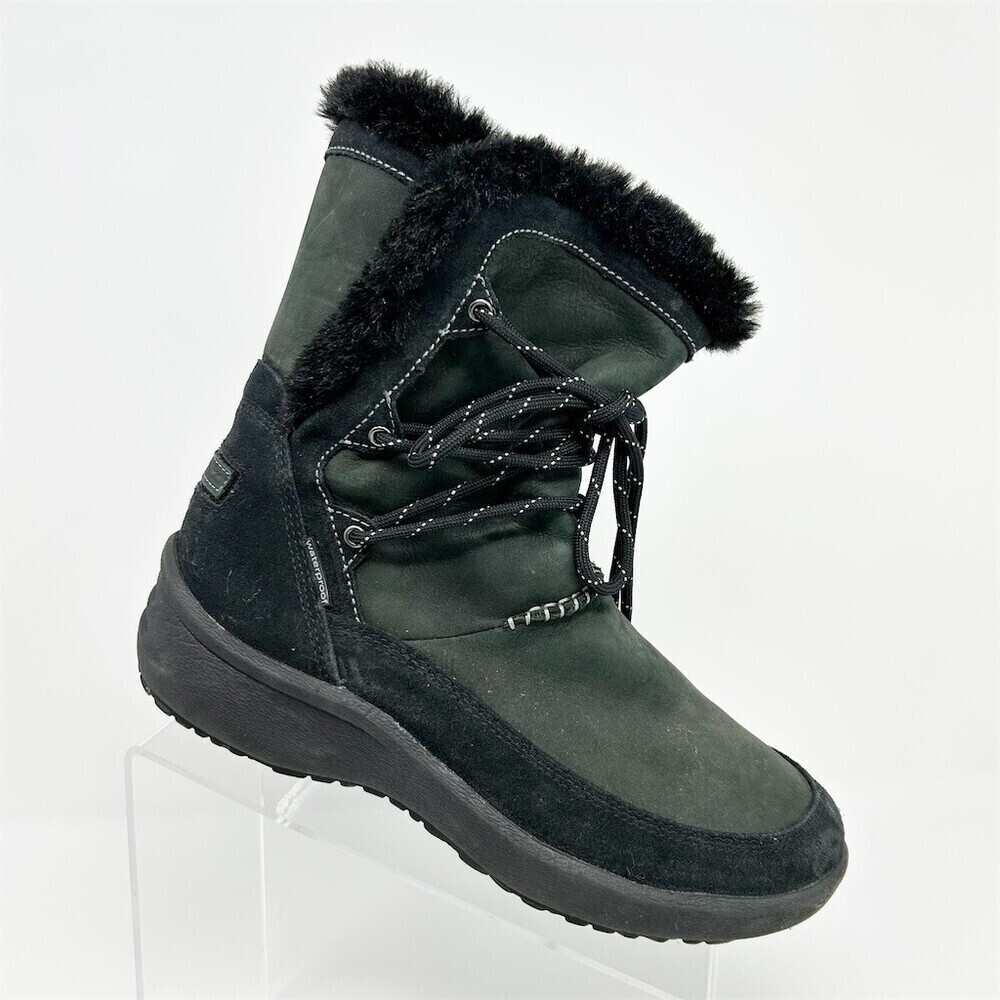 Clarks Black Waterproof Lace-Up Mid-Calf Snow Boots Faux Fur Trim Size 8.5